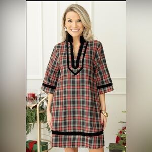 Entro Anthropologie Red Plaid Mini Dress 3/4 Sleeve Velvet Trim Split Neckline L